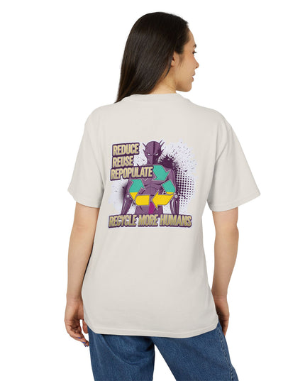 The 'Recycle More Humans' v1 T-Shirt, Eco-Friendly Graphic Tee, Save the Earth Apparel, Sustainable Clothing, Upcycled Materials Shirt
